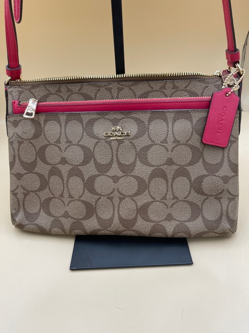Coach Brown Signature Crossbody with Pink Trim and Removable Pouch Gold Zip